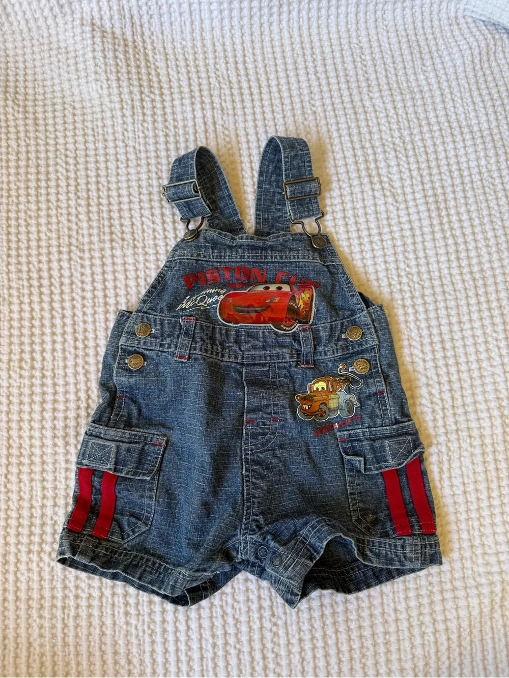 Disney Denim Short Overalls in Blue with Red Trim and Cars Graphics